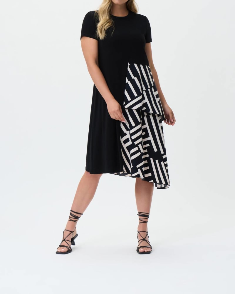 Front of a model wearing a size 14 Tiered A-Line Dress In Black/Beige in Black/Beige by Joseph Ribkoff. | dia_product_style_image_id:354630